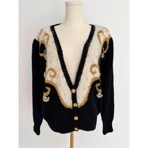 80s vintage black gold beaded nautical angora knit button up sweater cardigan